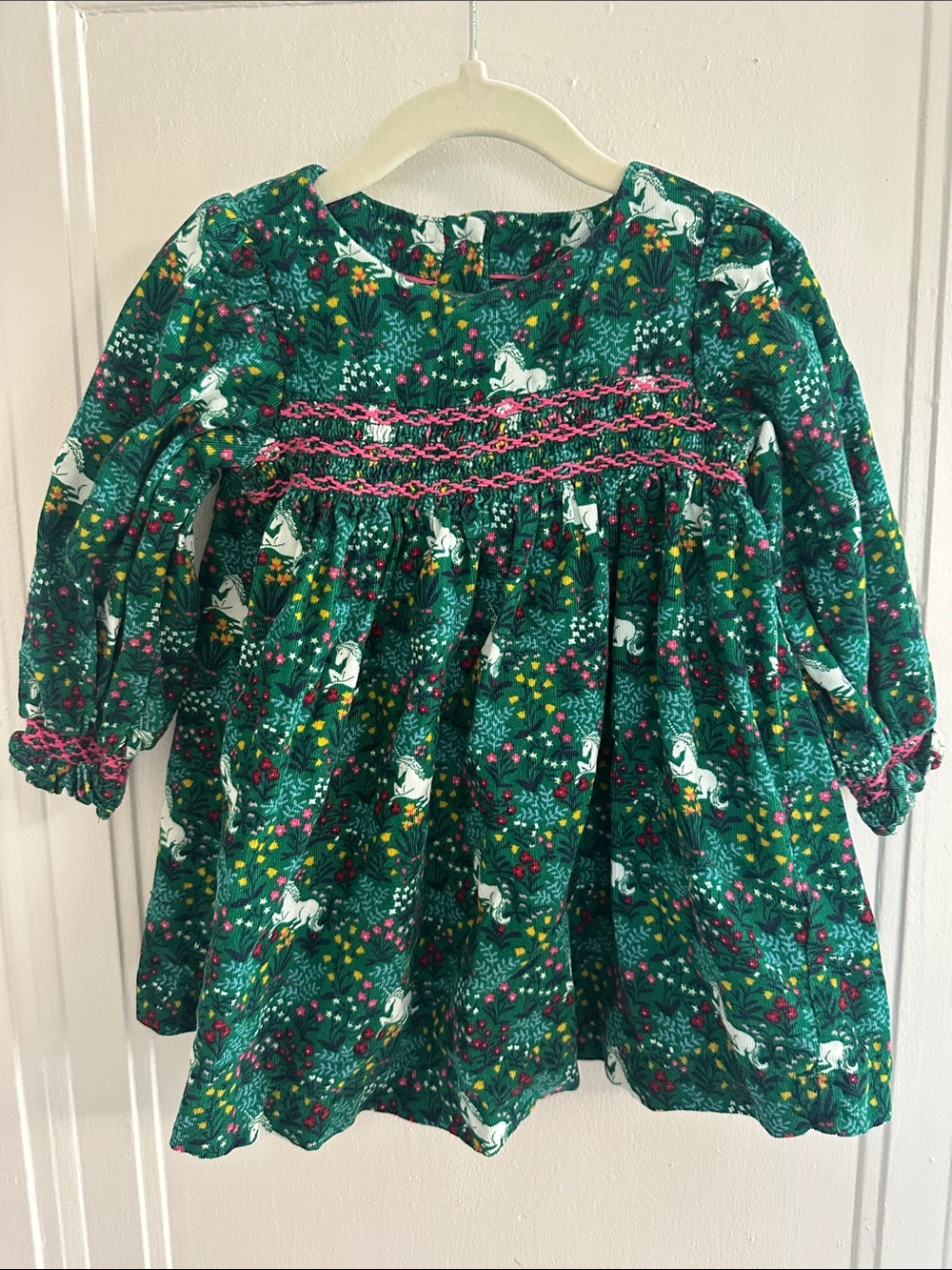 Mini Boden Girls' Green Unicorn corduroy Long-Sleeve Dress